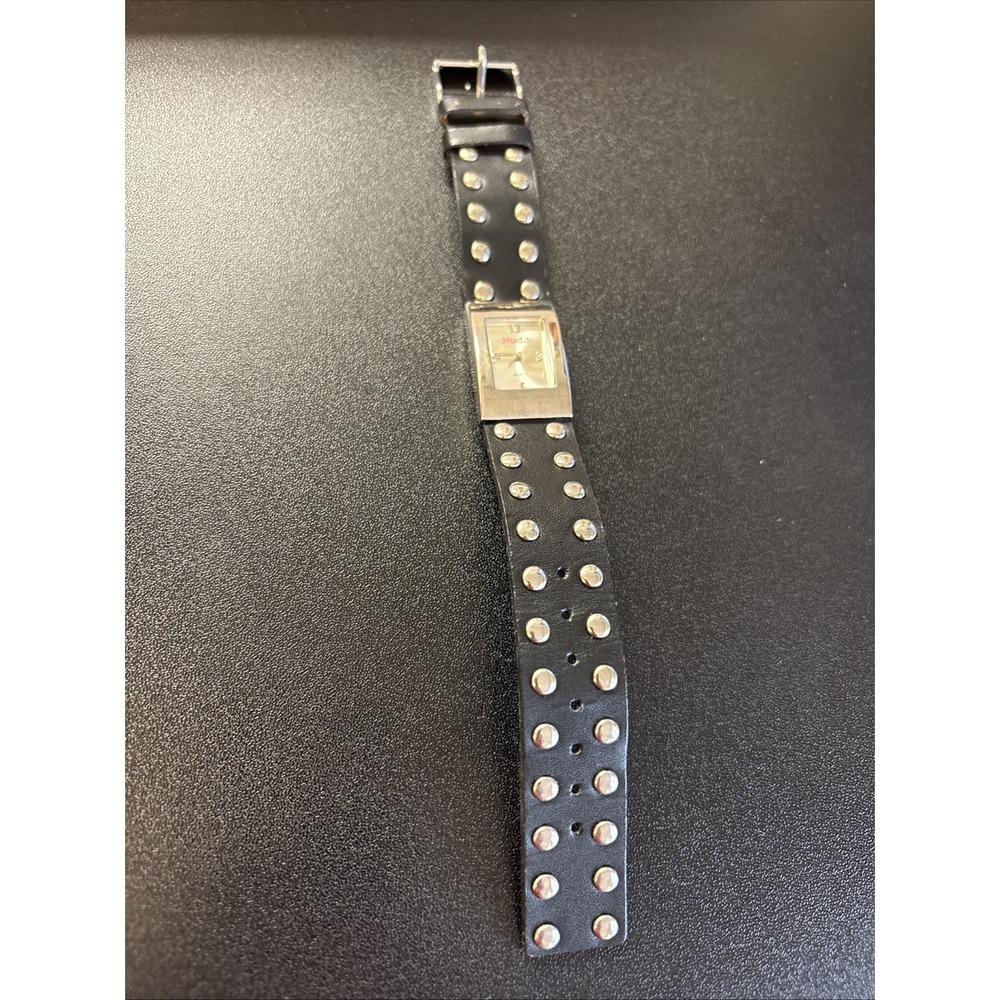 Mudd Quartz Analog Watch Black Leather Studded Strap Silver Hardware